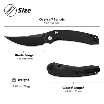Miguron Raptor Folding Knife Black Micarta Handle 3.35" Black PVD 19C27 Clip Point MGR833BK