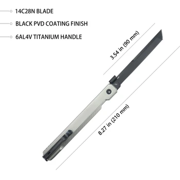Kubey Prism Button Lock Folding Knife Silver Grey Titanium Handle 3.54" Black PVD 14C28N Tanto Plain Edge KB243B