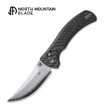 North Mountain Blades Sabertooth Folding Knife Black Carbon Fiber Handle SLD Plain Edge Hamon Blade 2605-CF