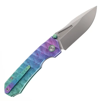 Remette Rhino V2 Folding Knife Green, Blue, Purple Crystallized Titanium Handle 3.07" Pearlescent M390 Drop Point RNV2-A