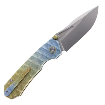 Remette Rhino V2 Folding Knife Gold, Blue Crystallized Titanium Handle 3.07" Pearlescent M390 Drop Point RNV2-B