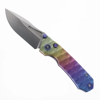 Remette Rhino V2 Folding Knife Blue, Purple, Pink, Gold Crystallized Titanium Handle 3.07" Pearlescent M390 Drop Point RNV2-C