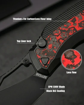Artisan Cutlery Dark Wing HellWing Folding Knife Black Titanium/Lava Flow Fat Carbon Handle 3.63" Black DLC S90V Clip Point 1887G-FCLF