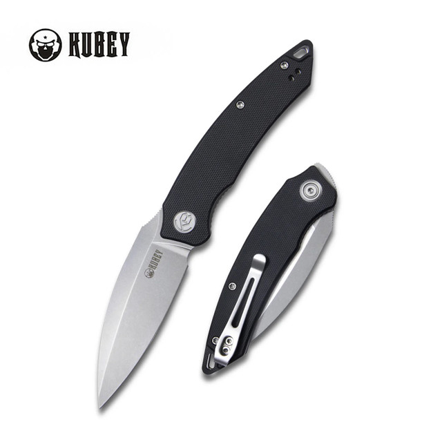 Kubey Leaf Folding Knife Black G10 Handle AUS-10 Drop Point Plain Edge Bead Blast Finish KU333A