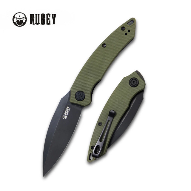 Kubey Leaf Folding Knife Black G10 Handle AUS-10 Drop Point Plain Edge Bead Blast Finish KU333C