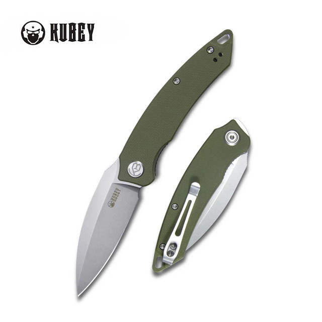 Kubey Leaf Folding Knife Green G10 Handle AUS-10 Drop Point Plain Edge Bead Blast Finish KU333E