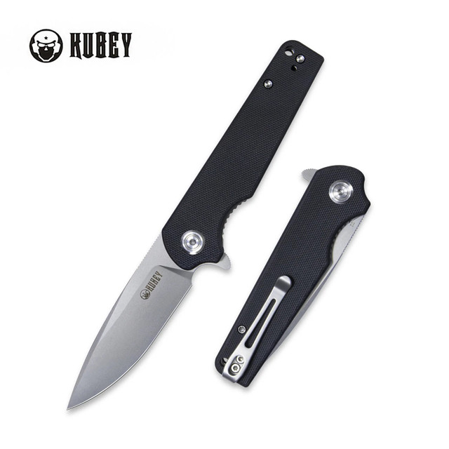 Kubey Leaf Front Flipper Folding Knife Black G10 Handle AUS-10