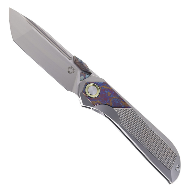 SixLeaf Folding Knife Color Titanium Engraved Handle Damascus Drop