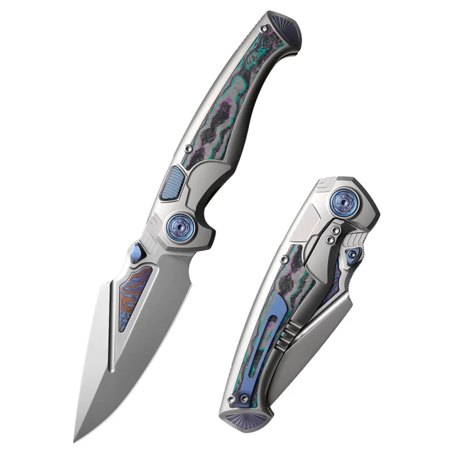 Kubey Whammy Folding Knife Grey Titanium Handle 14C28N Wharncliffe