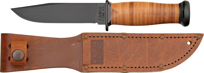 Ka-Bar Mark 1 Fixed Blade Knife Brown Leather Handle Black Plain