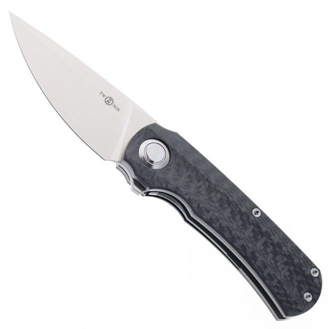 TwoSun Folding Knife Black Titanium Carbon Fiber Handle 14C28N Plain Edge TS243