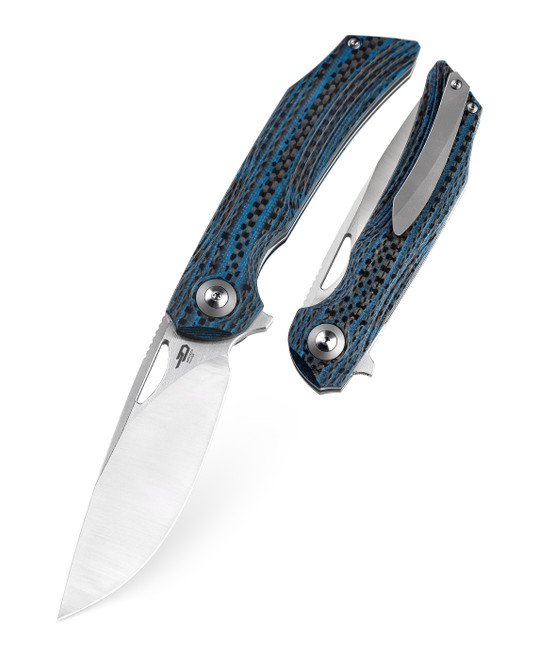 Bestech KOMBOU Falko Folding Knife Blue Interlay Carbon Fiber G10 Handle 154CM Satin Finish BL01B