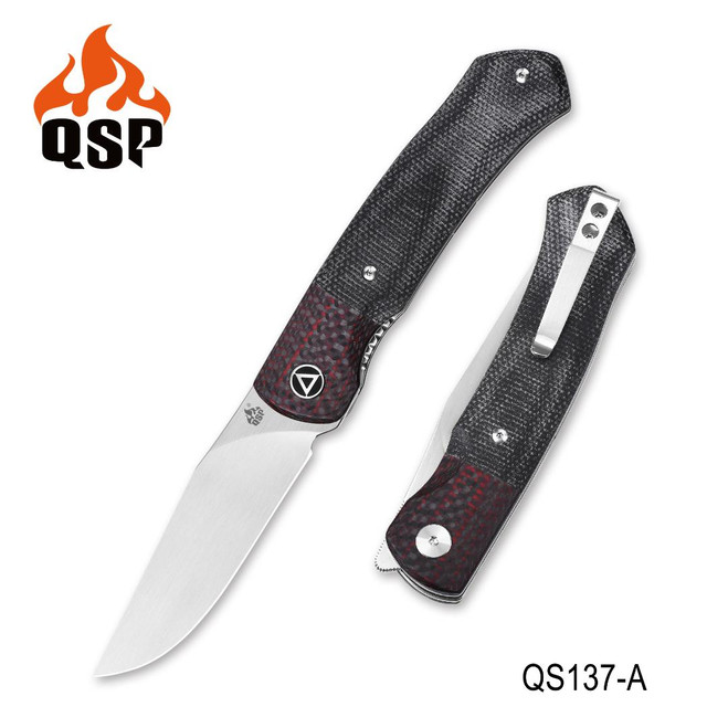 QSP Gannet Front Flipper Pocket Knife Black/Red Linen Micarta Handle Plain Edge QS137-A