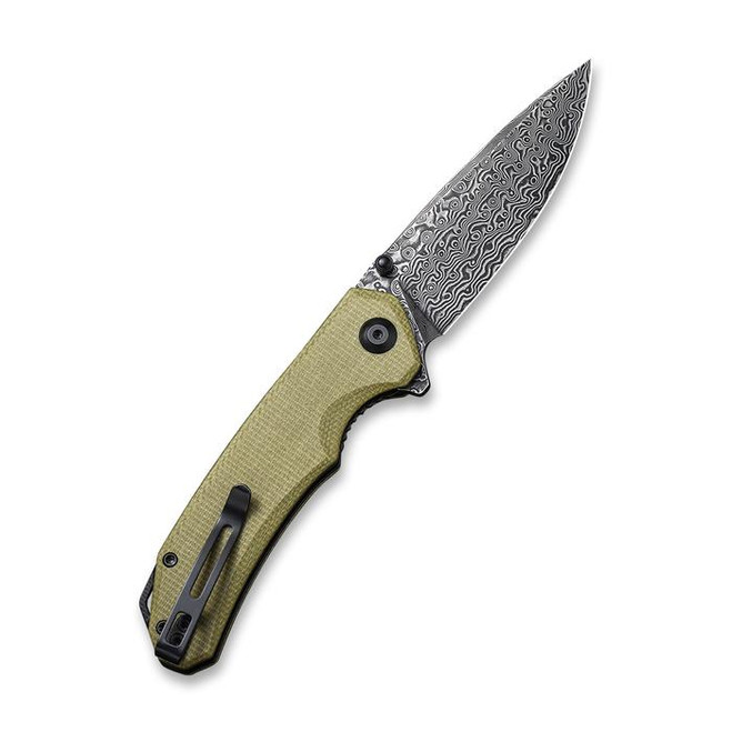 Civivi Brazen Folding Knife Olive Micarta Handle Damascus Drop Point Black Plain Edge C2102DS-2