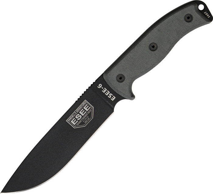 ESEE Model 6 Fixed Blade Knife Black Linen Micarta Handle 1095HC Black Plain Blade ES6PB