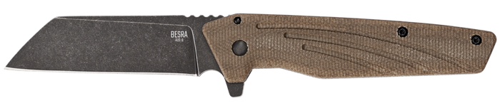 Ontario Besra Folding Knife Brown Linen Micarta/Titanium Handle AUS-8 Plain Edge Stonewash Finish ON9000