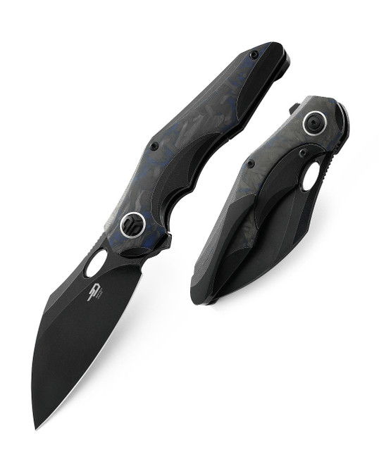 Bestech Nogard Folding Knife Black SW Ti Black/Blue Marble Carbon Fiber Handle M390 Plain Black Blade BT2105B
