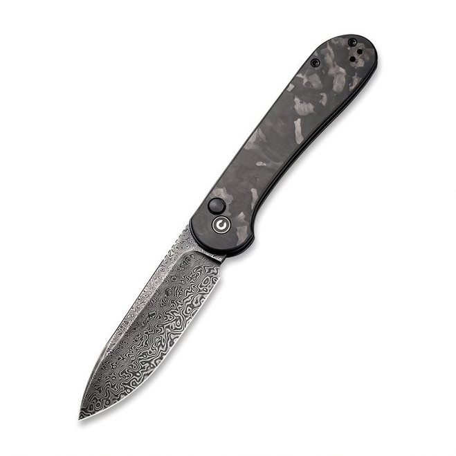 Civivi Button Lock Elementum Folding Knife Black Marble Carbon Fiber Handle Damascus Plain Black Blade C2103DS-3