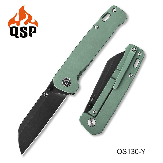 Discontinued QSP Penguin Folding Knife Green Titanium Handle 154CM Plain Edge Black Stonewash Finish QS130-Y