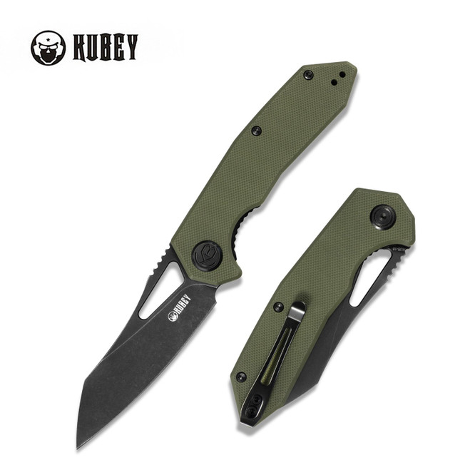 Kubey Vagrant Folding Knife Green G10 Handle AUS 10 Plain Edge Darkwash Finish KU291E