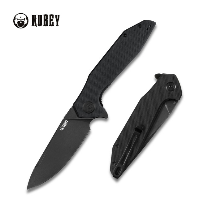 Kubey Nova Folding Knife Black G10 Handle Plain Edge Black Stonewash Finish KU117B