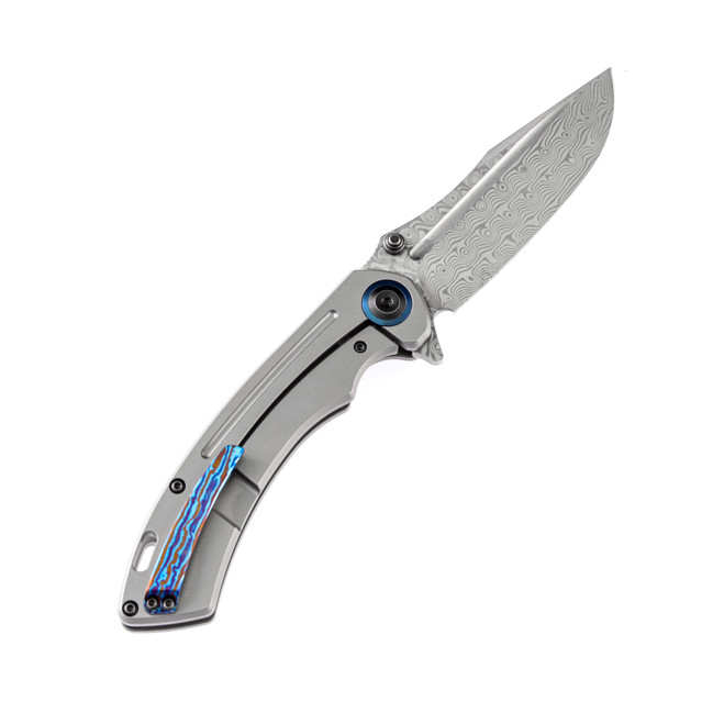 Kansept Pretatout Folding Knife Stonewash Titanium Handle Damascus
