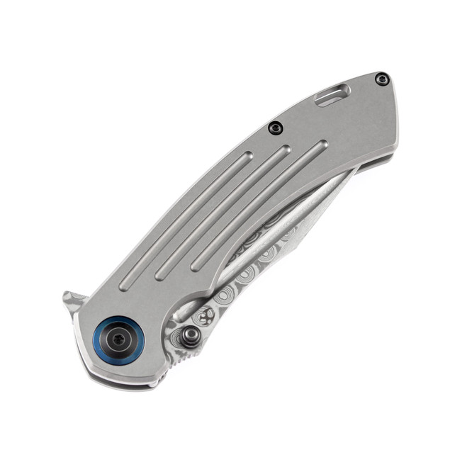モモ Kansept Pretatout Folding Knife Stonewash Titanium Handle Damascus