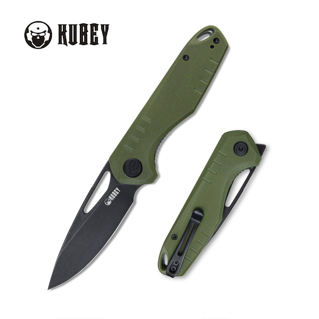 Kubey Folding Knife Green G10 Handle D2 Plain Edge Darkwash Finish KU324C