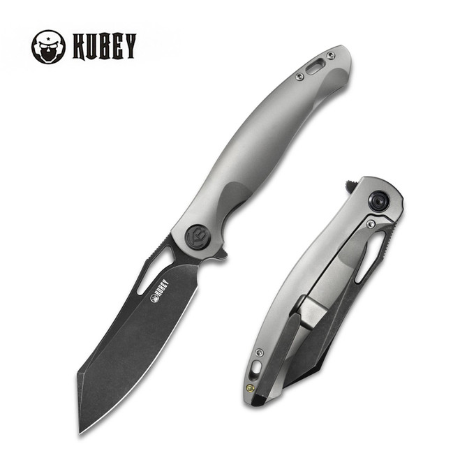 Kubey Drake Folding Knife Gray Titanium Handle S90V Plain Black Blade KU246C