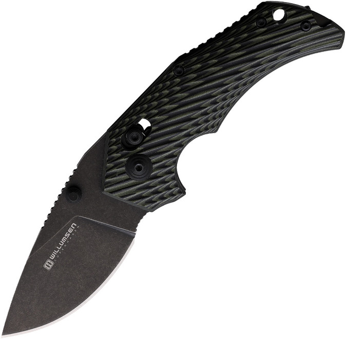 Willumsen Copenhagen Red E Axis Folding Knife Black/Green G10 Handle 14C28N Plain Edge Black Stonewash Finish Black/Green