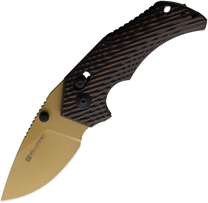 Mikkel Willumsen Red E Axis Folding Knife Black/Tan Sculpted G10 Handle 14C28N Plain Tan Blade Black/Tan