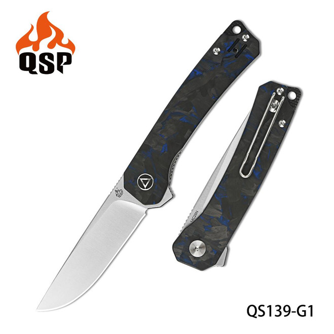 QSP Osprey Folding Knife Shredded Carbon Fiber/Blue G10 Overlay Handle 14C28N Plain Edge Satin Finish QS139-G1