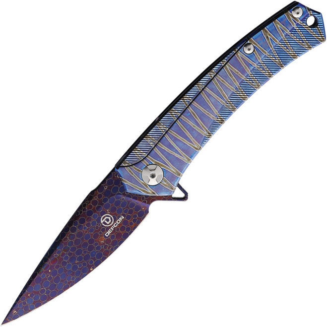 Defcon JK Series Folding Knife Blue Anodized Titanium/Timascus Inlay Handle Plain Damascus Blade TF4330