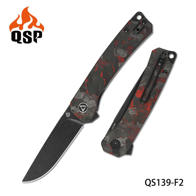 QSP Osprey Folding Knife Black Shredded Carbon Fiber/Red G10 Overlay Handle 14C28N Plain Black Blade QS139-F2