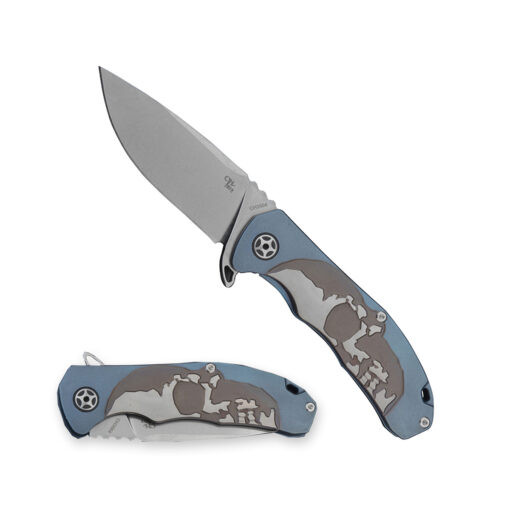 CH Knife Folding Knife Blue/Eafengrow Skull Titanium Handle S35VN Plain Edge Bead Blast Finish CH3504T-BL