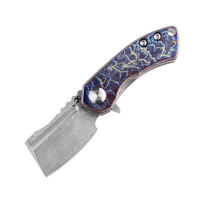 Kansept Mini Korvid Folding Knife Lightning Strike Titanium Handle Damascus Plain Edge K3030D1