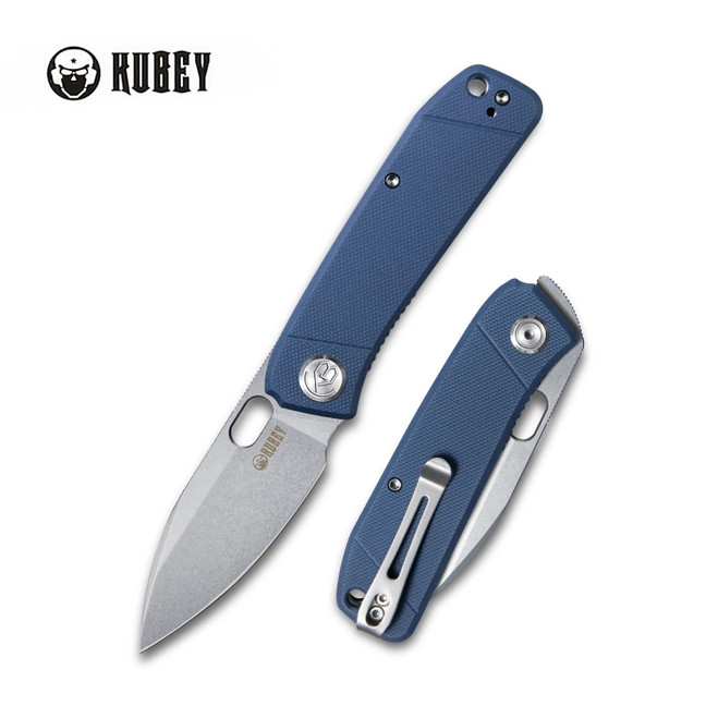 Kubey Hyde Folding Knife Denim Blue G10 Handle 14C28N Drop Point Plain Edge Sandblast Finish KB2104D