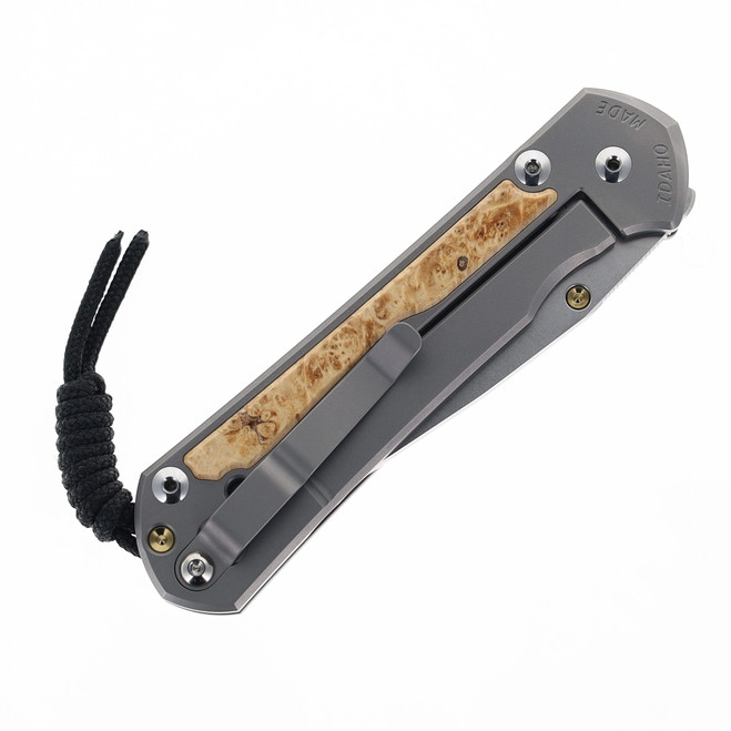 Chris Reeve Large Sebenza 31 Folding Knife Box Elder Burl Inlay