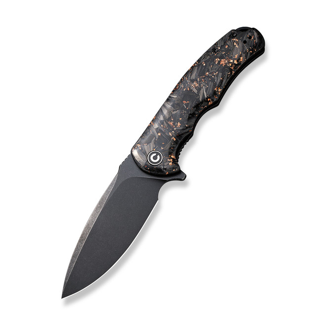 Civivi Praxis Folding Knife Black/Copper Shredded Carbon Fiber Handle 9Cr18MoV Drop Point Plain Edge Black Stonewash Finish C803I