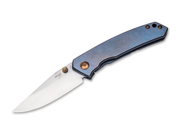 Boker Canoe Folding Knife Blue Titanium Handle S35VN Drop Point Plain Edge 01BO494