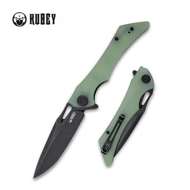Kubey Raven Flipper Folding Knife Jade G10 Handle AUS-10 Plain Edge Dark Stonewash Finish KB245G