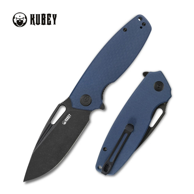 Kubey Tityus Folding Knife Blue G10 Handle D2 Plain Edge Dark Stonewash Finish KU322F