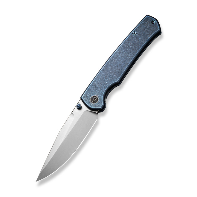 WE Evoke Folding Knife Blue Titanium Handle 20CV Clip Point Plain Edge Silver Bead Blast Finish WE21046-3