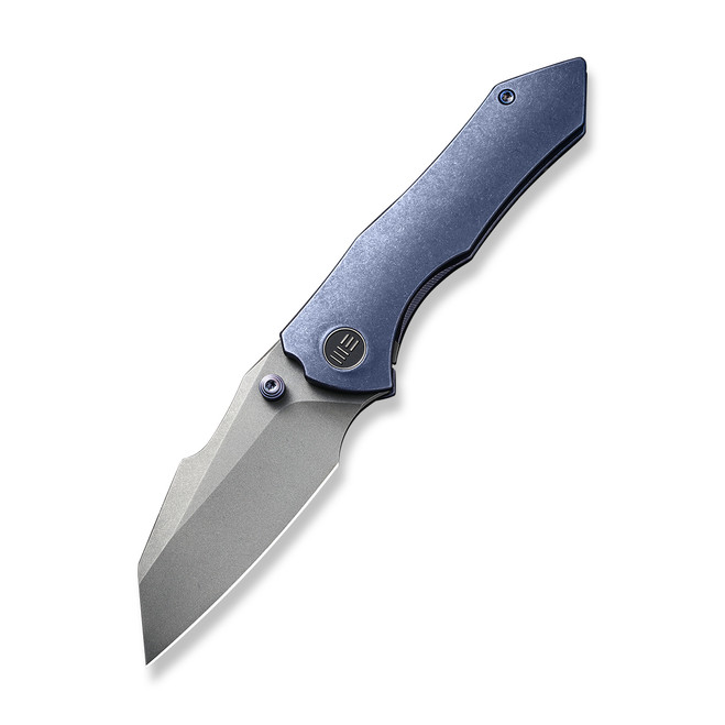 WE High-Fin Folding Knife Blue Titanium Handle 20CV Plain Edge Gray Stonewash Finish WE22005-3