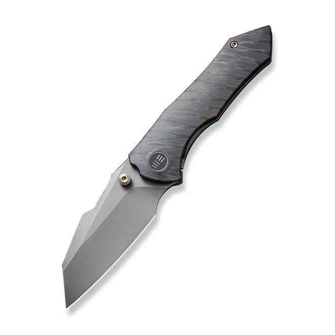 WE High-Fin Folding Knife Tiger Stripe Pattern Titanium Handle 20CV Plain Edge Gray Stonewash Finish WE22005-4