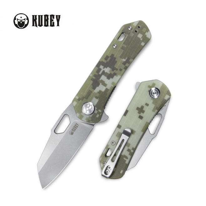 Kubey Duroc Flipper Folding Knife Camo G10 Handle AUS-10 Sheepsfoot Plain Edge Bead Blast Finish KU332J