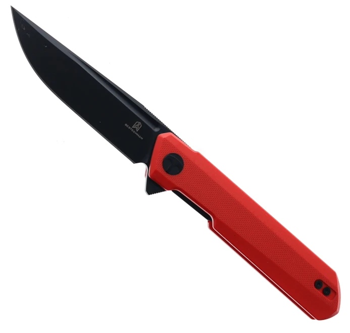 Red g10 folding knife with textured handle and dark plain edge blade