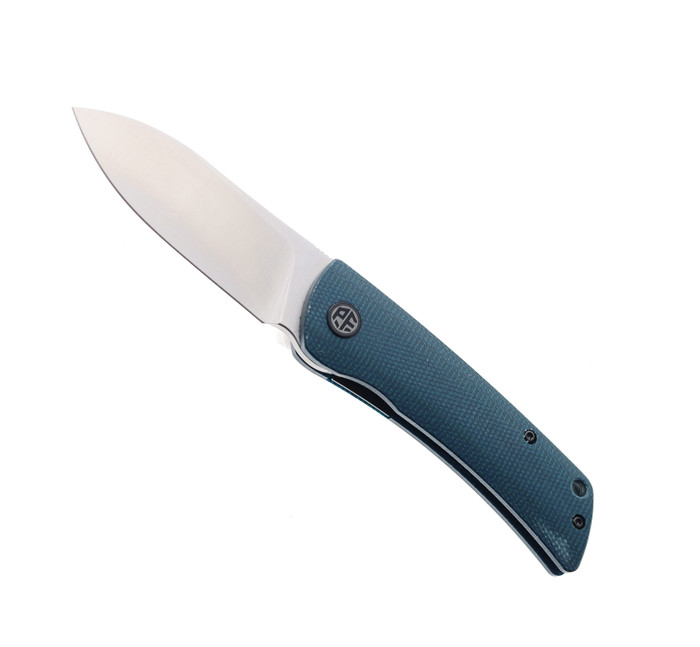 Petrified Fish Folding Knife Blue Micarta Handle K110 Spear Point Plain Edge Satin Finish PFE05-SBMS
