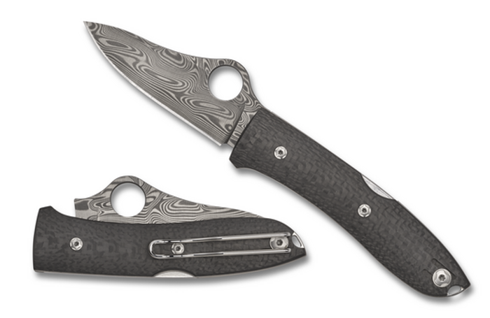 Spyderco SpyOpera Folding Knife Black Carbon Fiber Handle Damasteel Plain Edge C255CFPD