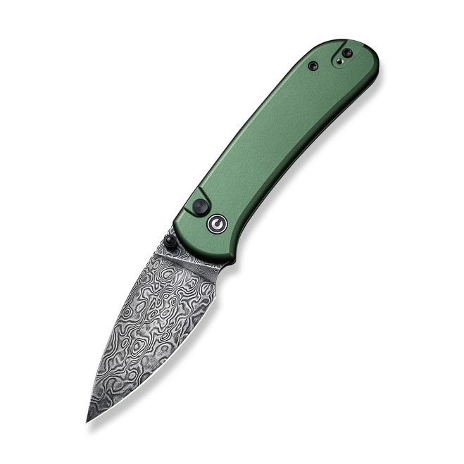Civivi Qubit Folding Knife Green Aluminum Handle Damascus Drop Point Plain Edge C22030E-DS1